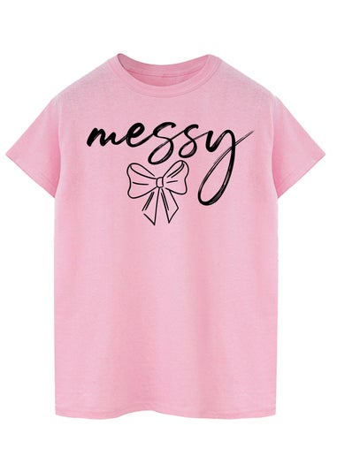 Brands In Messy Bow Pink Boyfriend Fit Graphic T-Shirt