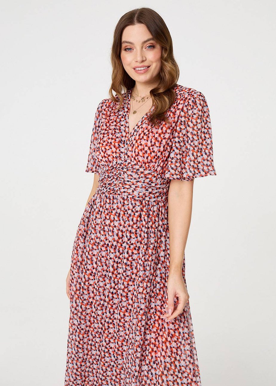 Izabel London Orange Printed 1/2 Sleeve Ruched Midi Dress