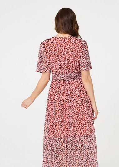 Izabel London Orange Printed 1/2 Sleeve Ruched Midi Dress