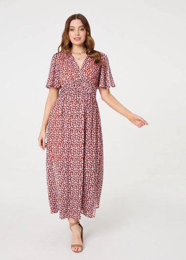 Izabel London Orange Printed 1/2 Sleeve Ruched Midi Dress