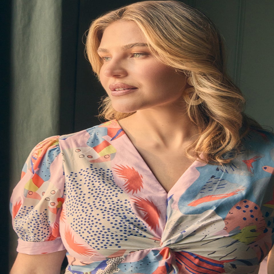 Izabel London Blue Abstract Ruched Front Empire Midi Dress