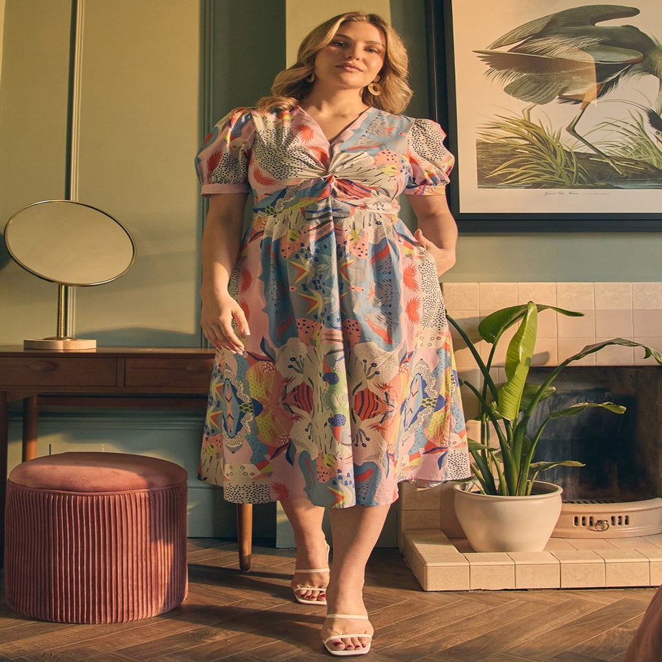 Izabel London Blue Abstract Ruched Front Empire Midi Dress