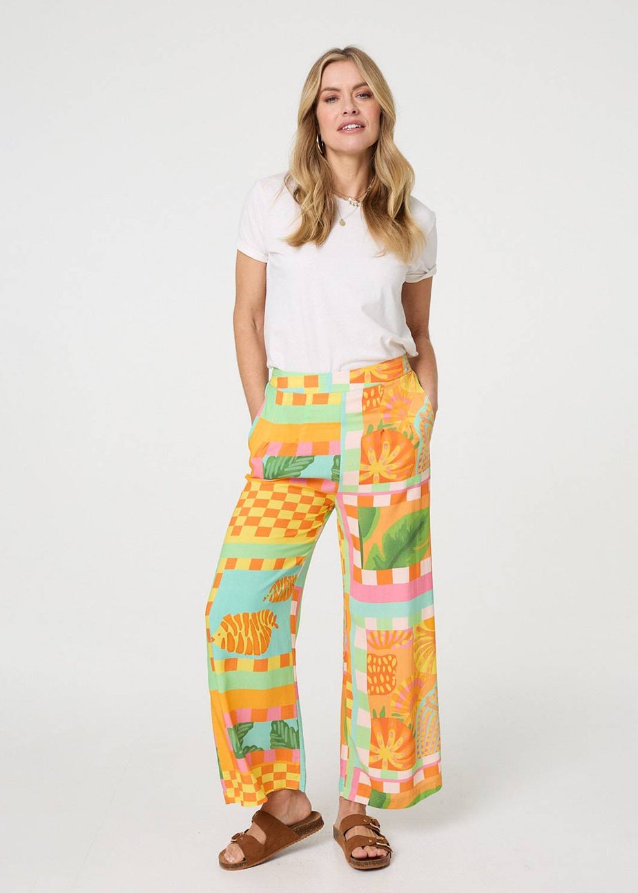 Izabel London Orange Tropical Tile Print Wide Leg Trousers