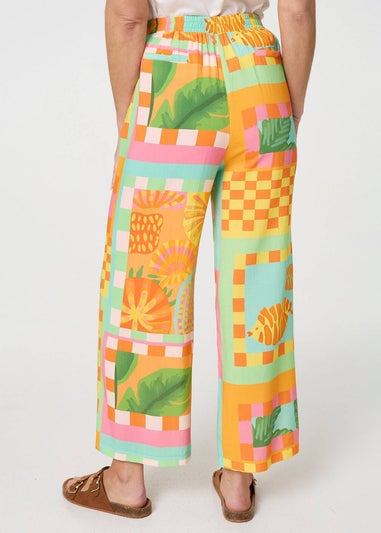 Izabel London Orange Tropical Tile Print Wide Leg Trousers