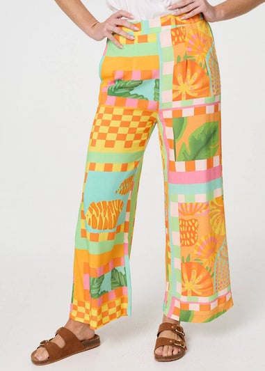 Izabel London Orange Tropical Tile Print Wide Leg Trousers