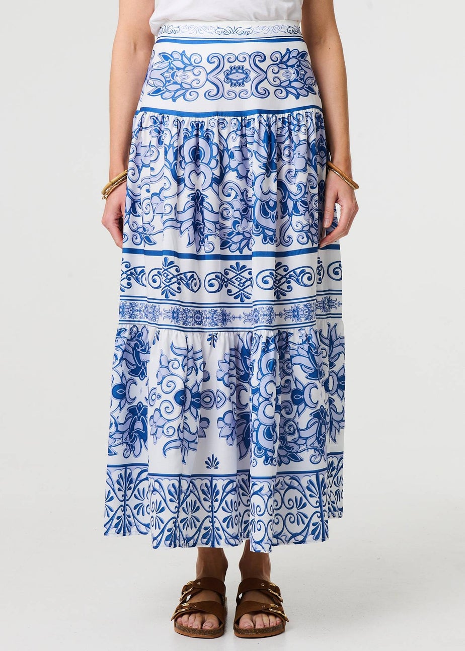 Izabel London Blue Mosaic Print High Waist Tiered Maxi Skirt