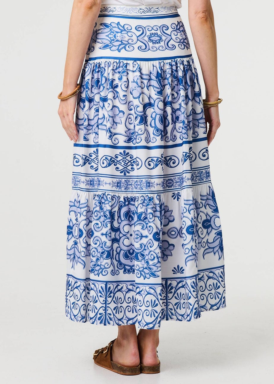 Izabel London Blue Mosaic Print High Waist Tiered Maxi Skirt