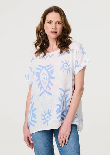 Izabel London Blue Printed Short Sleeve Relaxed Blouse