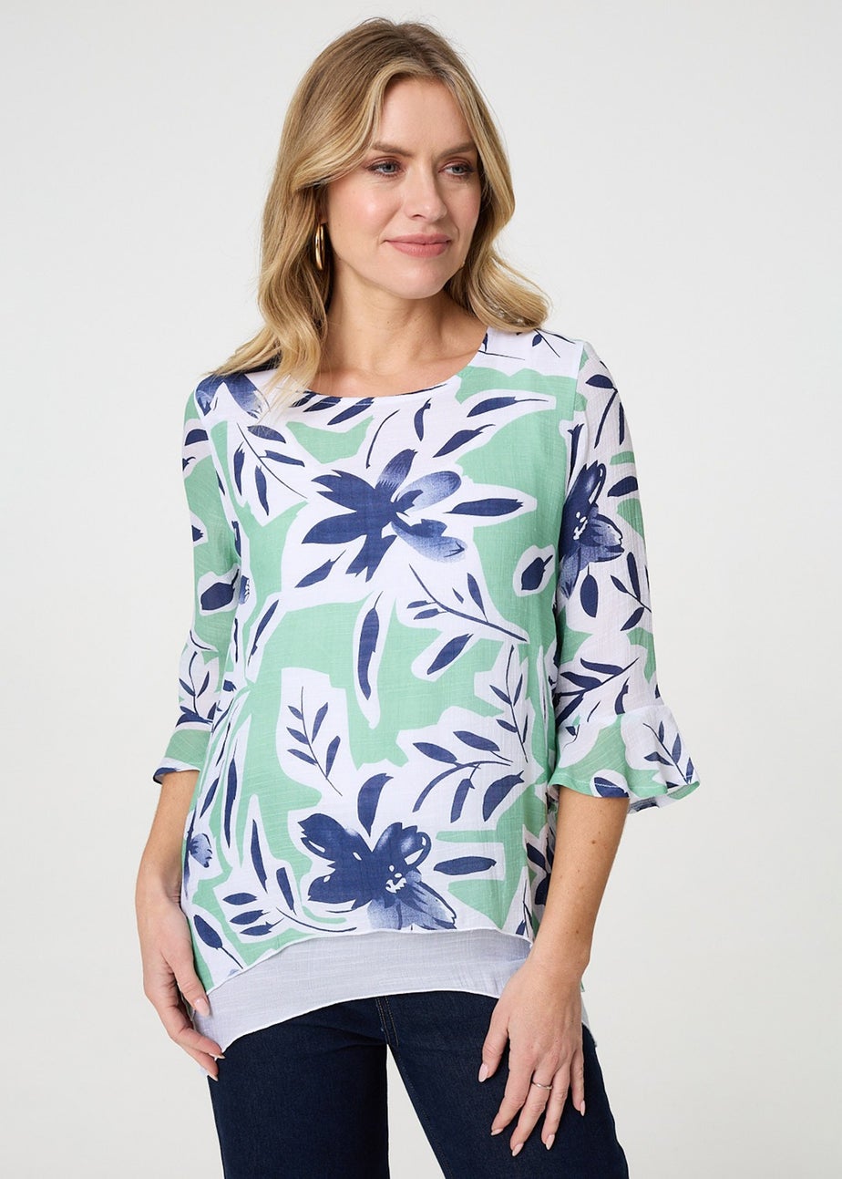 Izabel London Green Floral Print Layered Relaxed Tunic Top