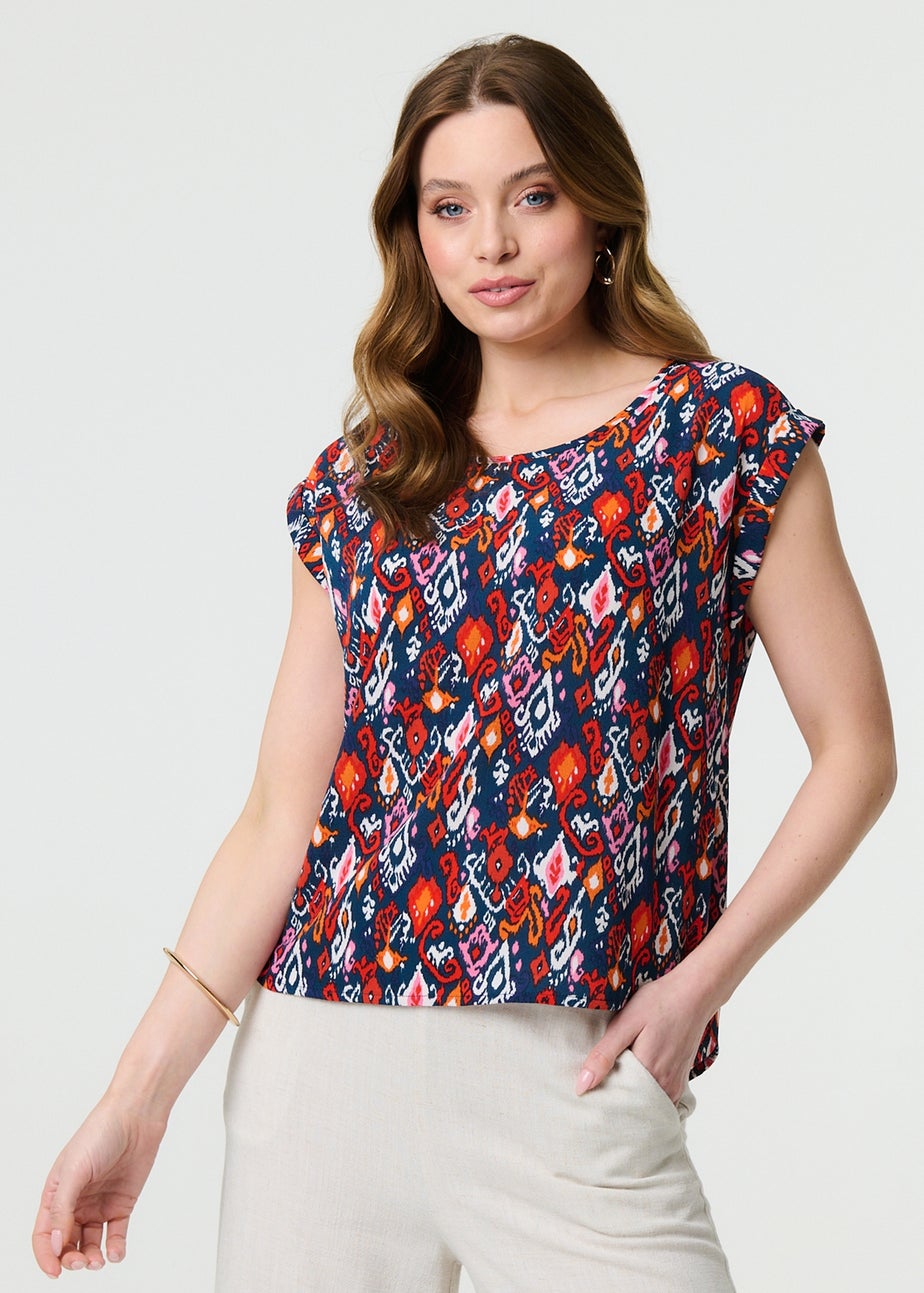 Izabel London Navy Printed Relaxed Cap Sleeve Shell Top