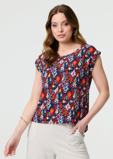 Izabel London Navy Printed Relaxed Cap Sleeve Shell Top