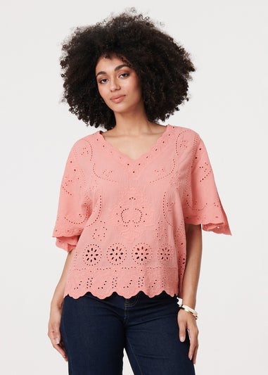 Izabel London Pink Broderie Anglaise Angel Sleeve Blouse