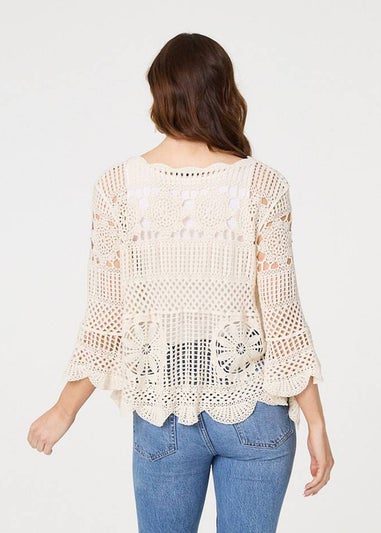 Izabel London Cream Crochet Lace 3/4 Sleeve Top