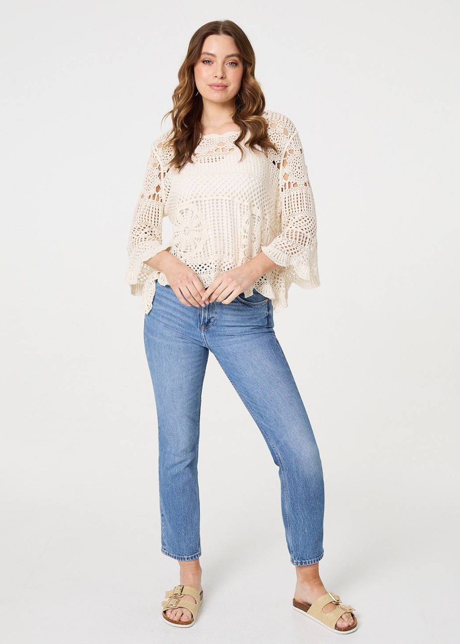 Izabel London Cream Crochet Lace 3/4 Sleeve Top