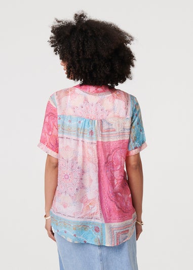 Izabel London Pink Patchwork Print Short Sleeve Blouse