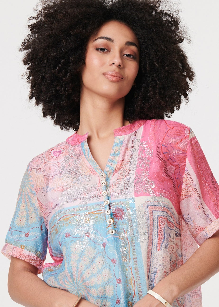 Izabel London Pink Patchwork Print Short Sleeve Blouse