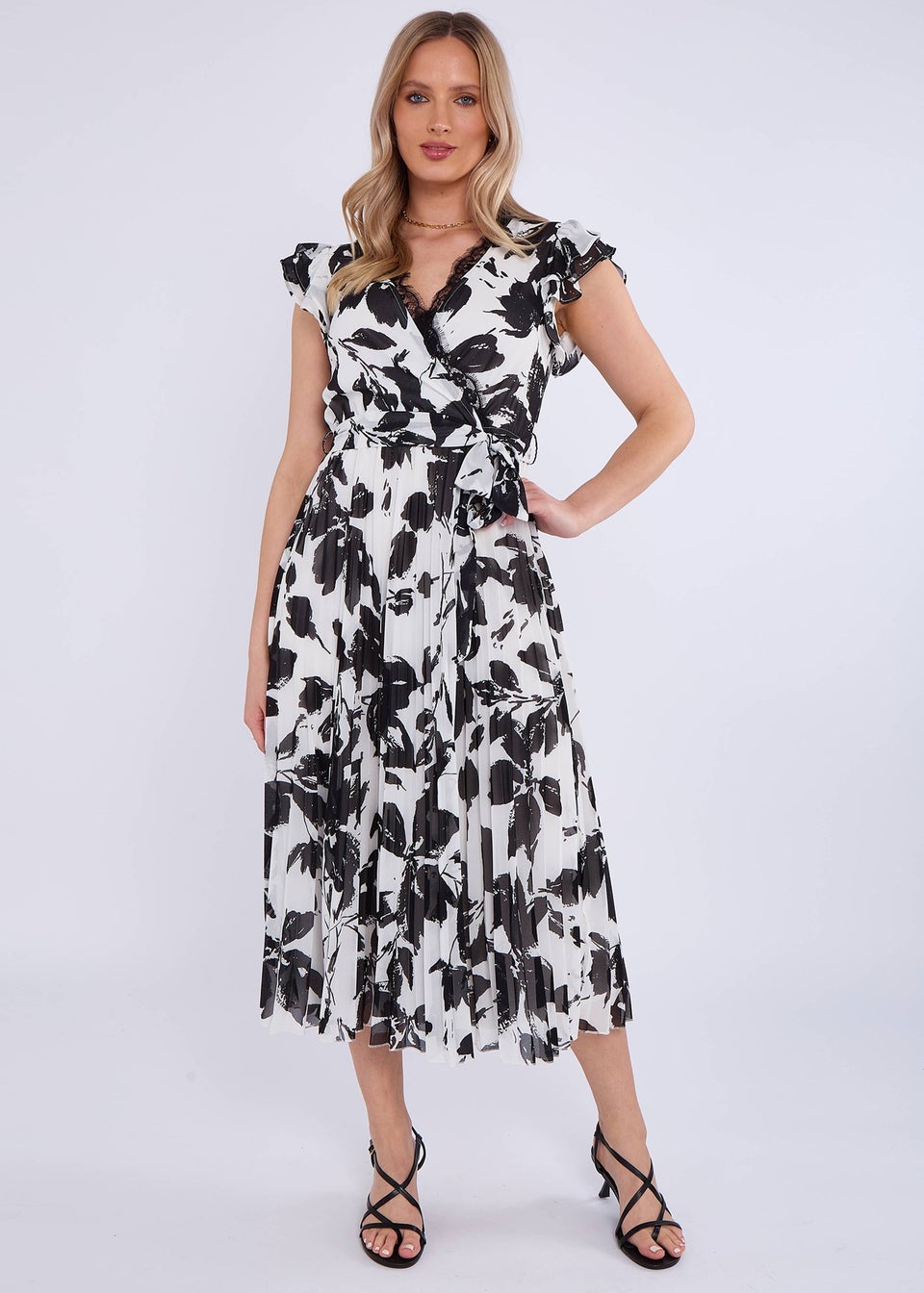 Gini London Black/White Lace Trim Mono Pleated Wrap Midi Dress