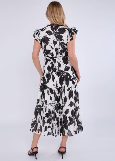 Gini London Black/White Lace Trim Mono Pleated Wrap Midi Dress