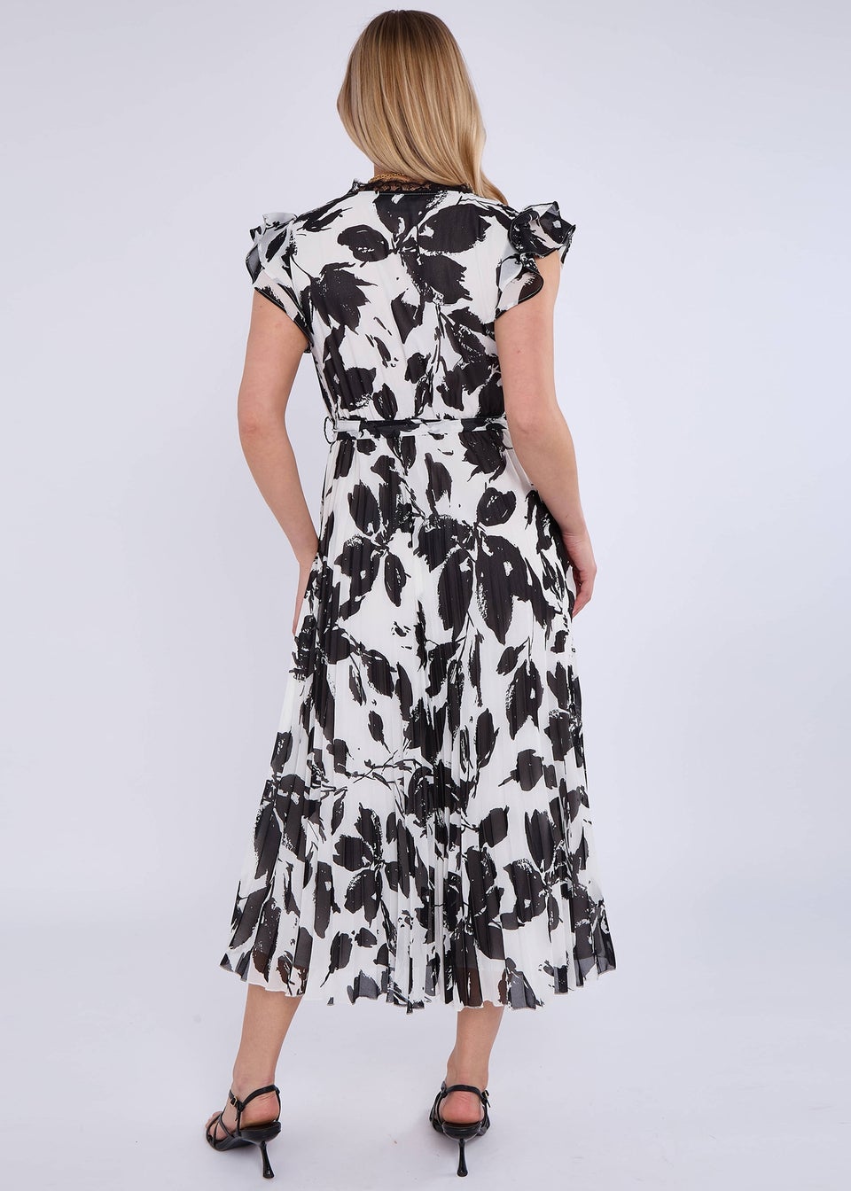 Gini London Black/White Lace Trim Mono Pleated Wrap Midi Dress