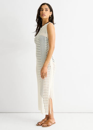Gini London White Crochet Knit Bodycon Midi Dress