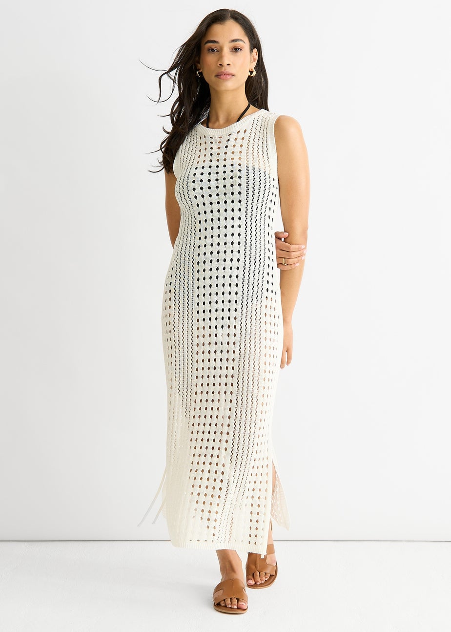 Gini London White Crochet Knit Bodycon Midi Dress