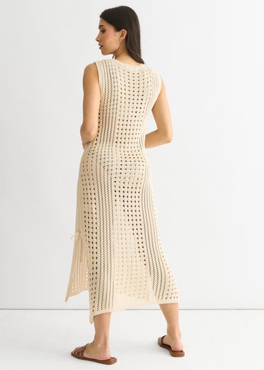 Gini London Beige Crochet Knit Bodycon Midi Dress