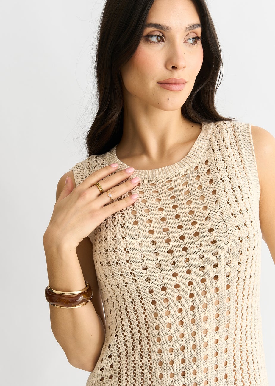 Gini London Beige Crochet Knit Bodycon Midi Dress