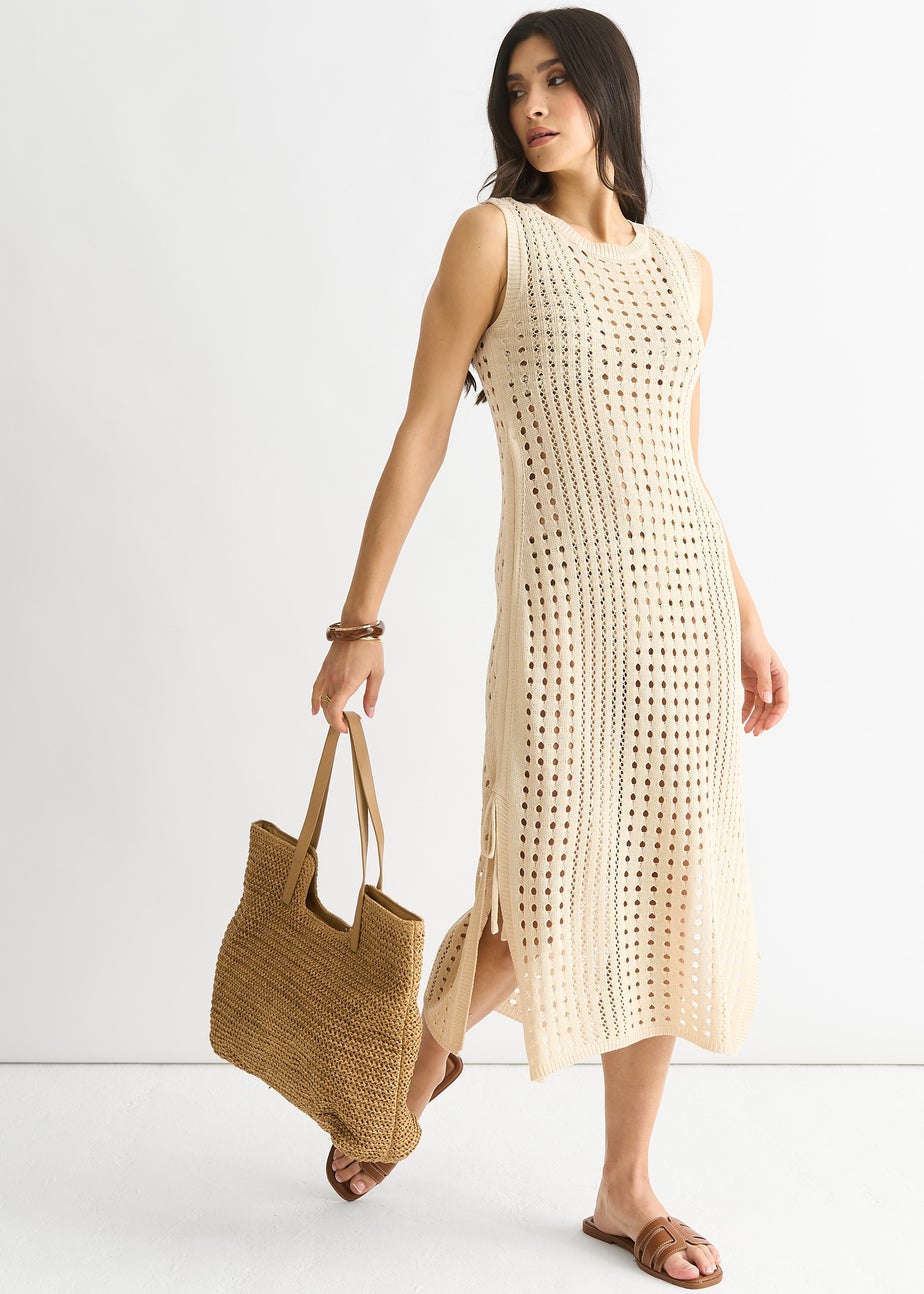 Gini London Beige Crochet Knit Bodycon Midi Dress