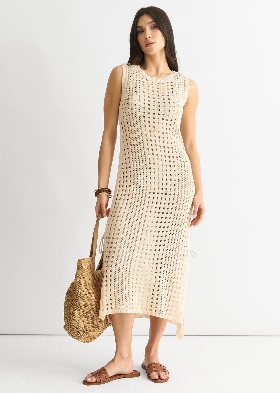 Gini London Beige Crochet Knit Bodycon Midi Dress