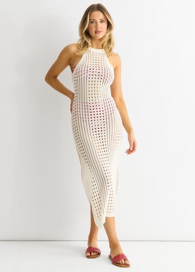 Gini London White Crochet Knit Bodycon Slit Dress