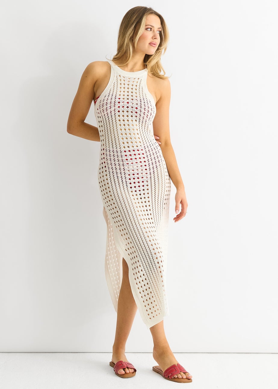 Gini London White Crochet Knit Bodycon Slit Dress