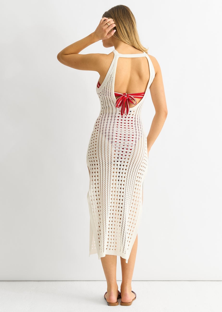 Gini London White Crochet Knit Bodycon Slit Dress