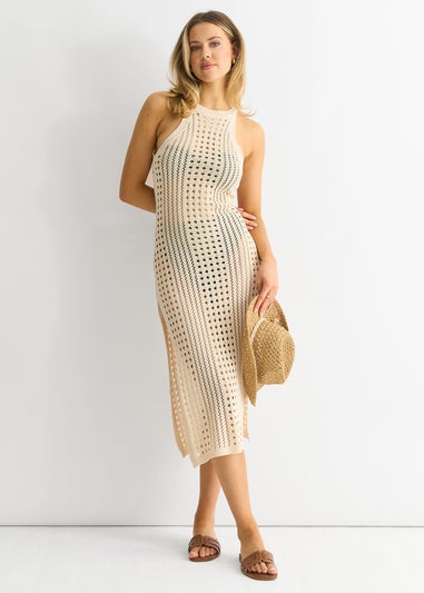 Gini London Beige Crochet Knit Bodycon Slit Dress