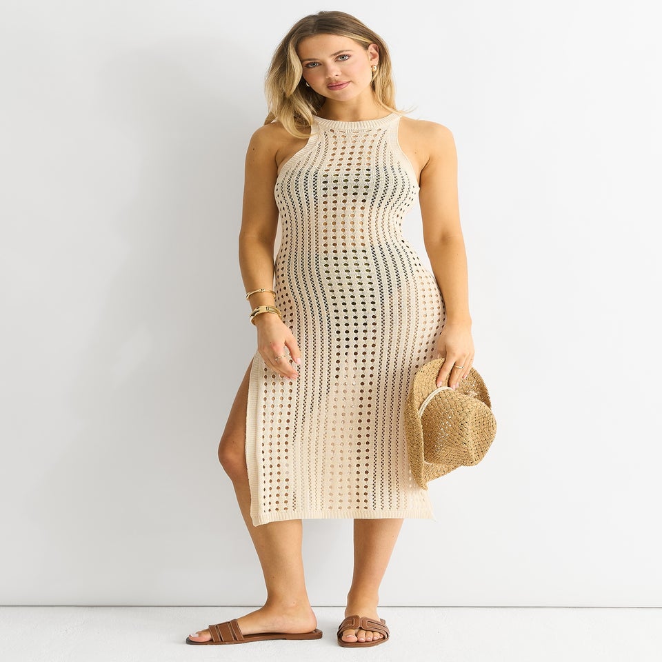 Gini London Beige Crochet Knit Bodycon Slit Dress