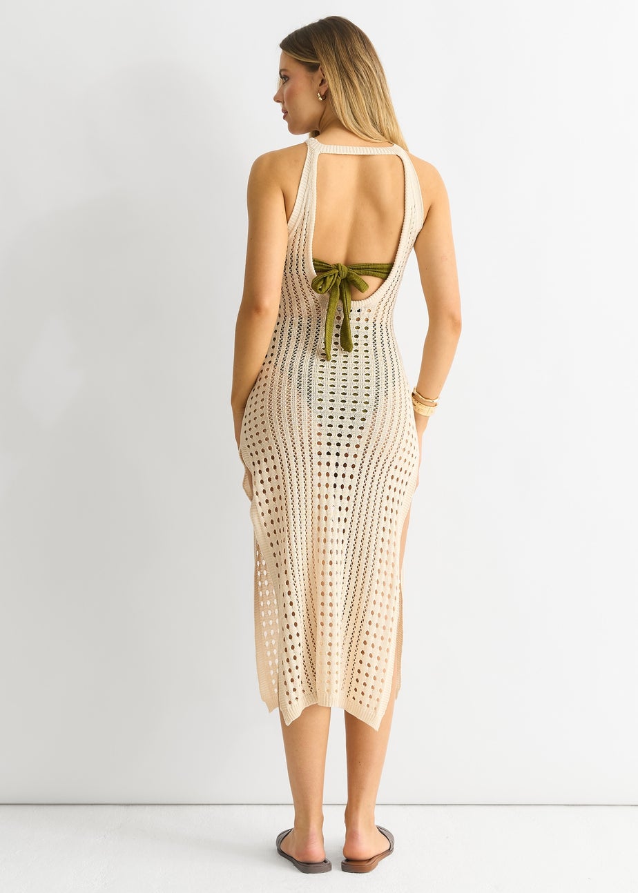 Gini London Beige Crochet Knit Bodycon Slit Dress