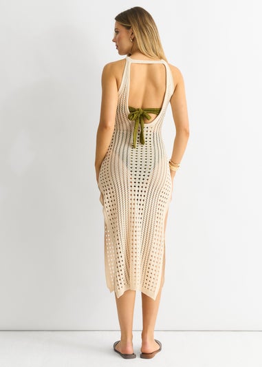 Gini London Beige Crochet Knit Bodycon Slit Dress