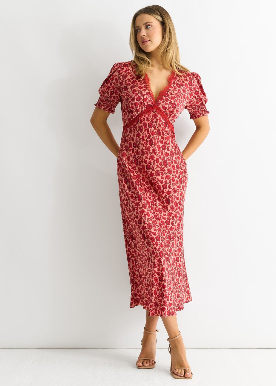 Gini London Red Floral Lace Trim V Neck Midi Dress