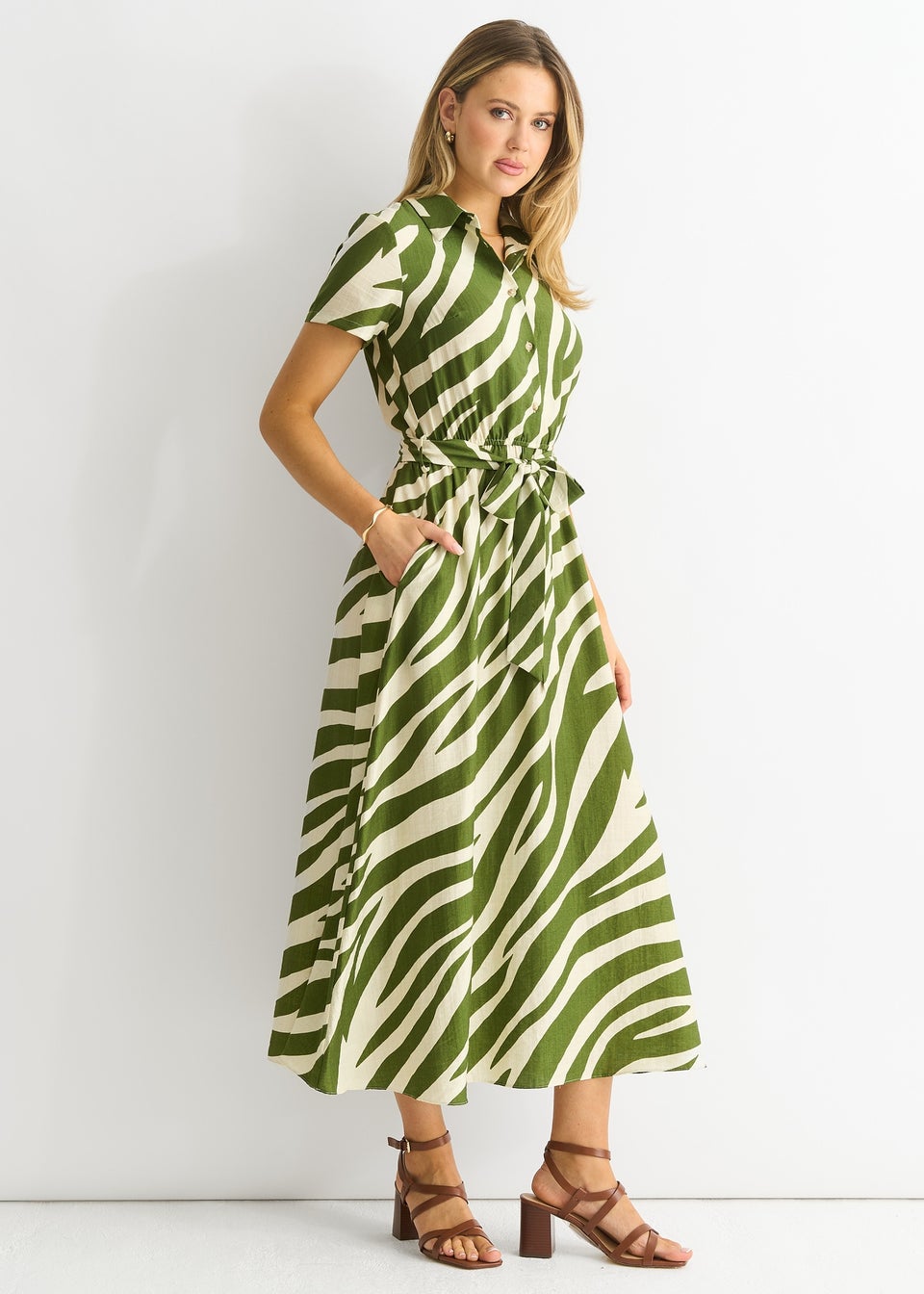 Gini London Khaki Zebra Print Viscose Shirt Dress