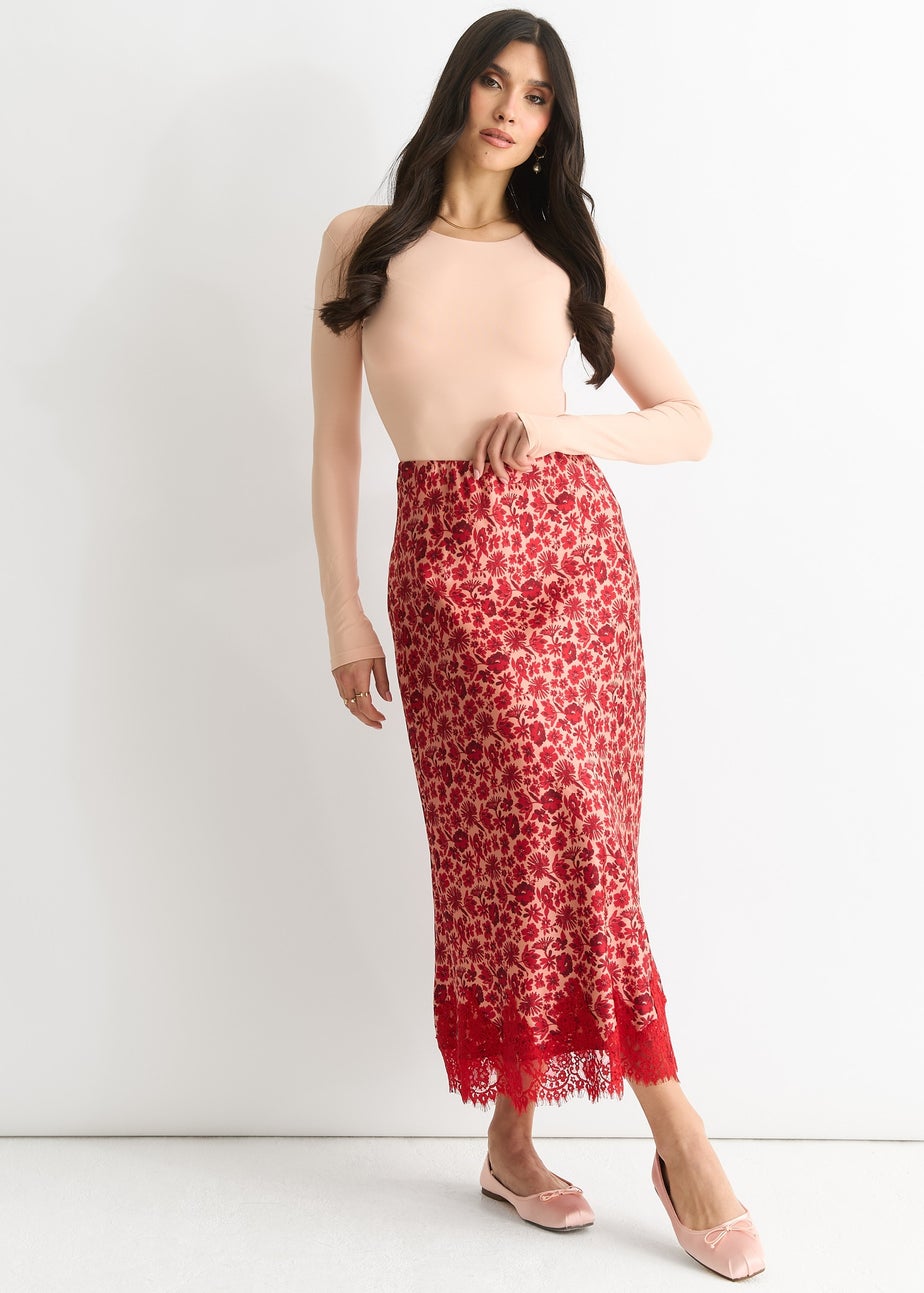 Gini London  Red Floral Lace Trim Bias Midi Skirt