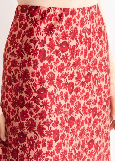 Gini London Red Floral Lace Trim Bias Midi Skirt