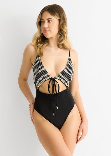 Gini London Black Crochet Textured Tie Front Cutout Swimsuit