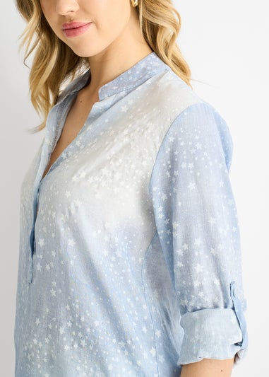 Gini London Blue Denim Look Roll Up Sleeves Oversized Top