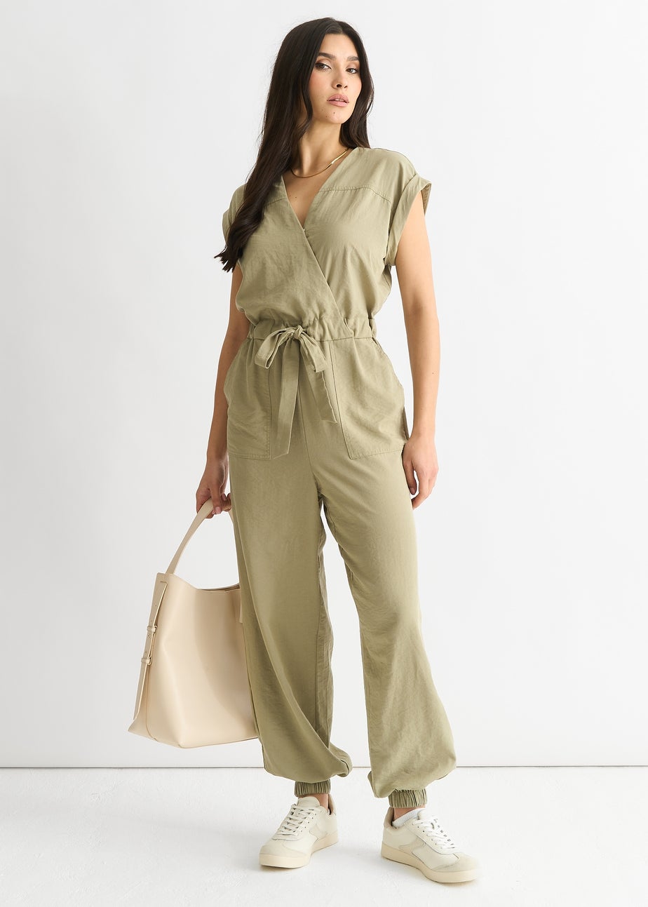 Gini London Sage Green Wrap Belted Utility Jumpsuit