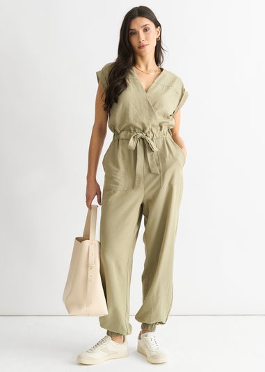 Gini London Sage Green Wrap Belted Utility Jumpsuit