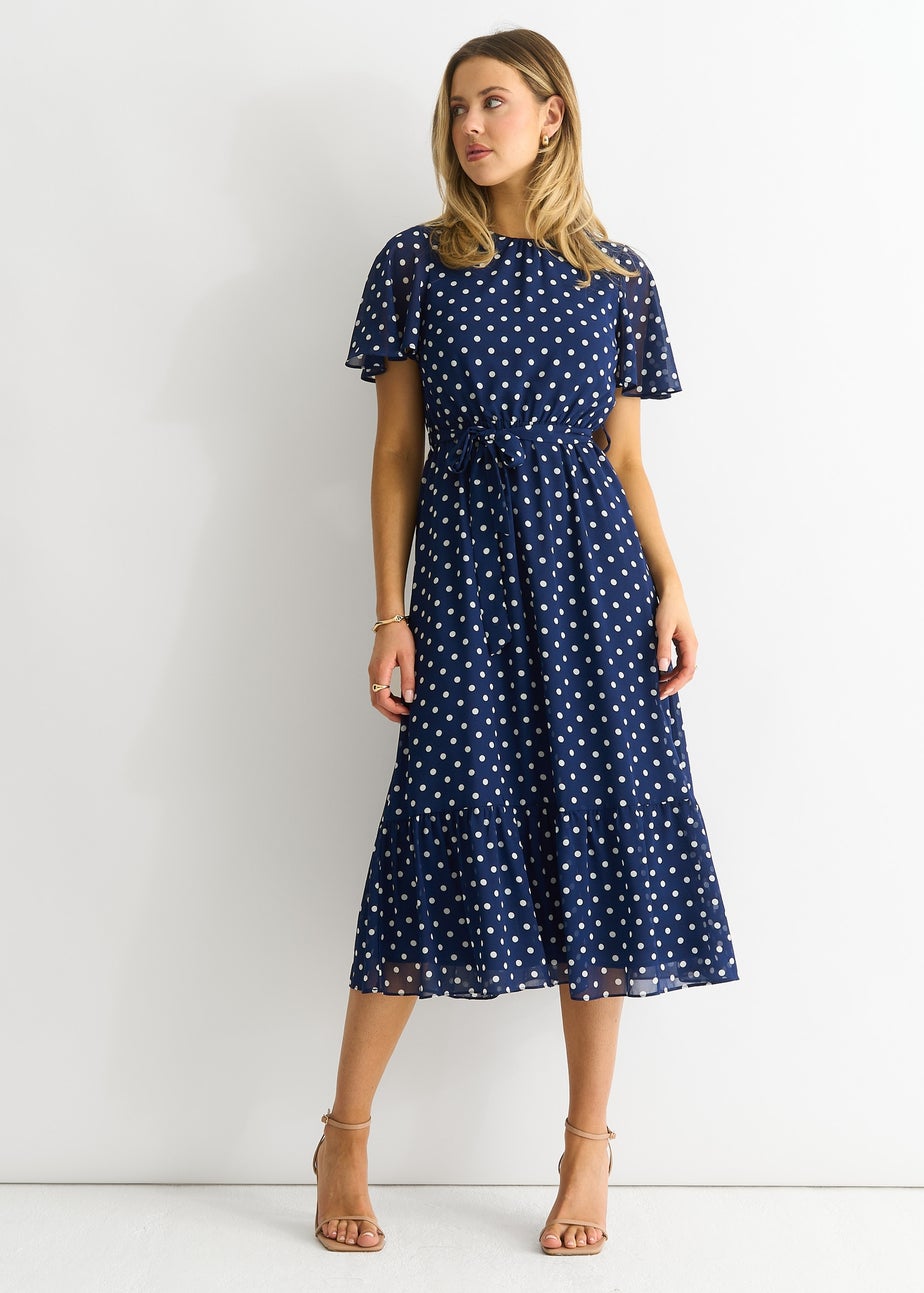 Gini London Navy Spot Chiffon Angel Sleeves Midi Dress