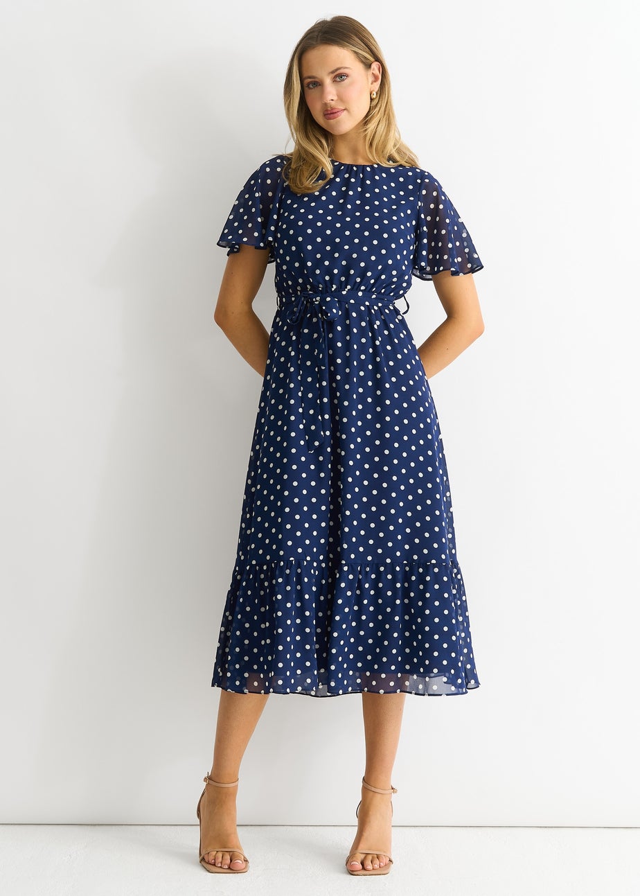 Gini London Navy Spot Chiffon Angel Sleeves Midi Dress