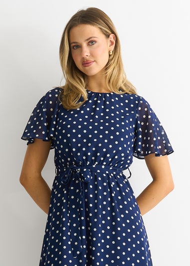 Gini London Navy Spot Chiffon Angel Sleeves Midi Dress