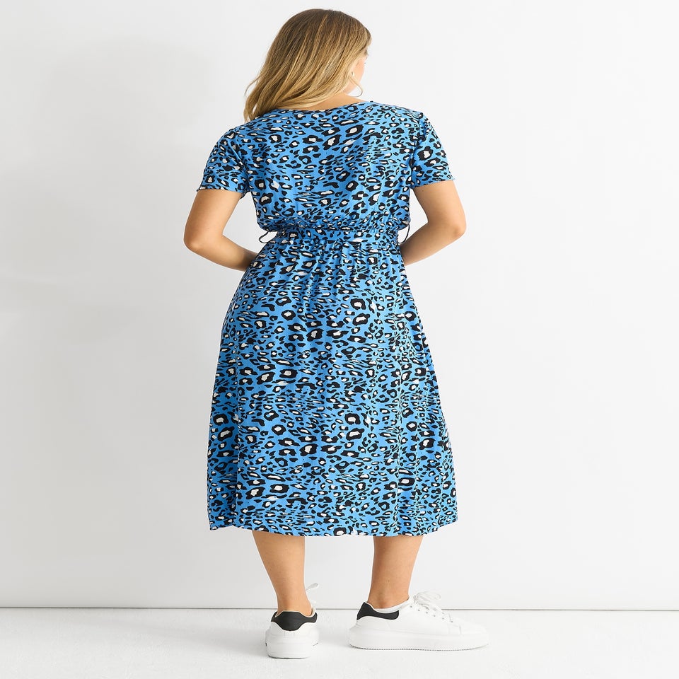 Gini London Blue Short Sleeve Animal Print Wrap Front Midi Dress