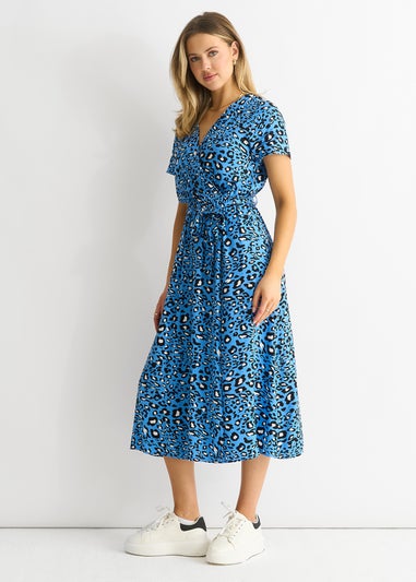 Gini London Blue Short Sleeve Animal Print Wrap Front Midi Dress