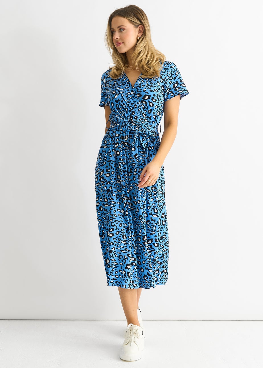 Gini London Blue Short Sleeve Animal Print Wrap Front Midi Dress